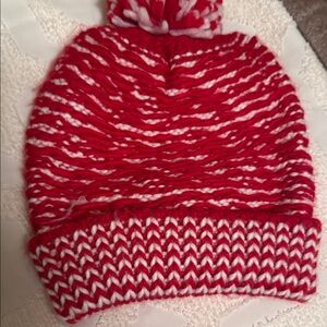 Red and White Knit Beanie with Pom Pom